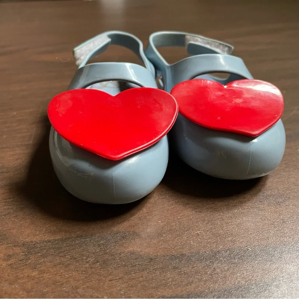 Mini Melissa Little Girls Light Blue Jelly Sandals with Red Heart Accents